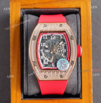 Knockoff Richard Mille Rm010 Rose Gold Skeleton Watch Red Rubber Strap